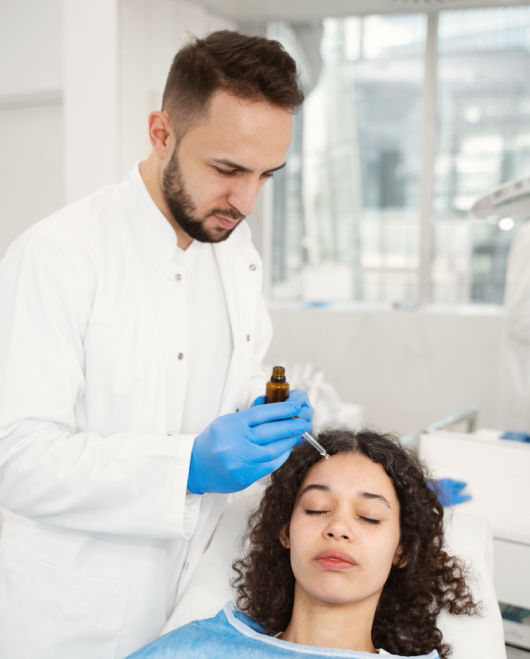 Doctor applying medicine to women's hair - Best hair loss treatments in Kochi, Kerala - Hair Wellness Clinic